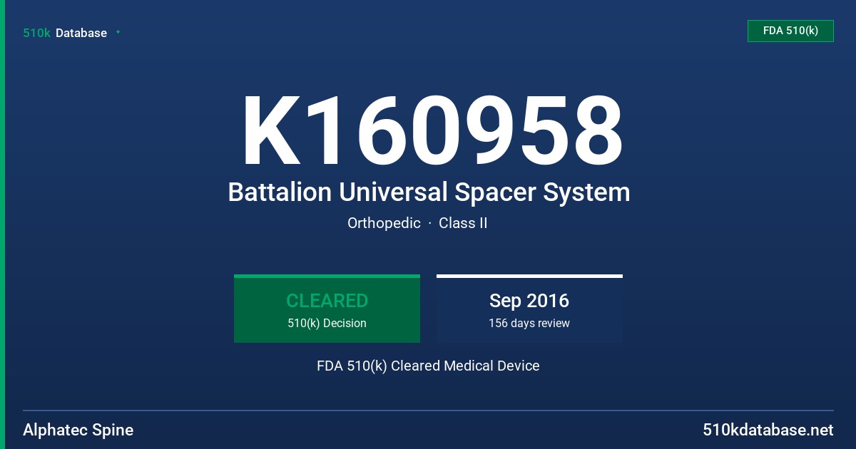 K160958 Battalion Universal Spacer System FDA 510(k) Cleared Medical Device