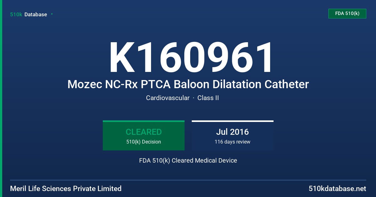 K160961 Mozec NC-Rx PTCA Baloon Dilatation Catheter FDA 510(k) Cleared Medical Device