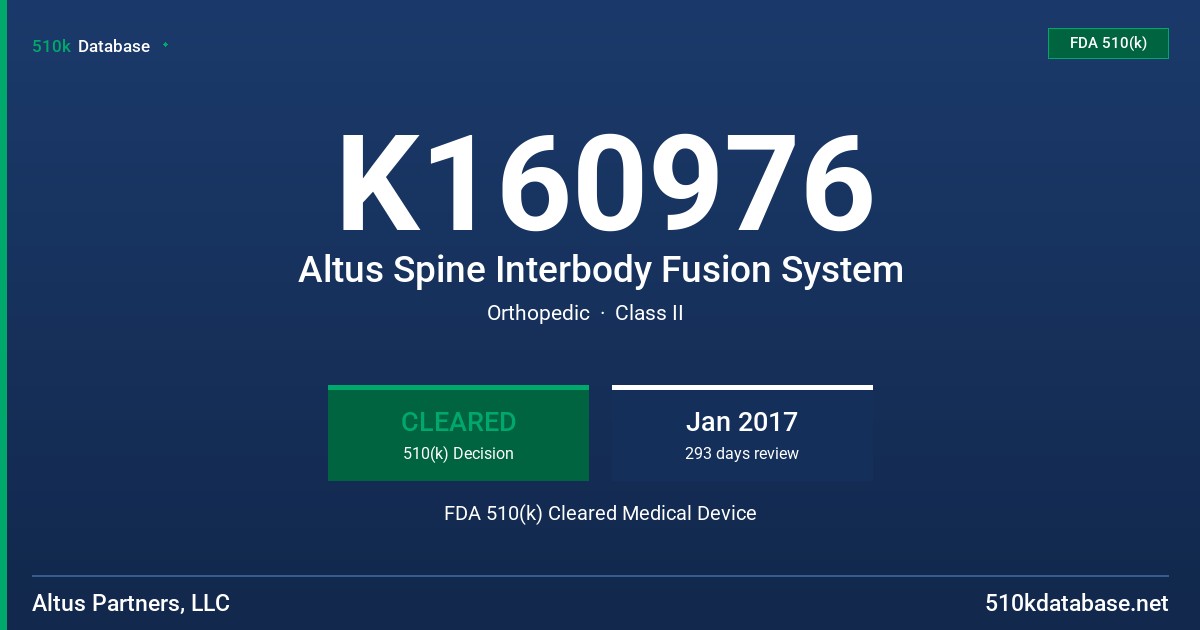 K160976 Altus Spine Interbody Fusion System FDA 510(k) Cleared Medical Device