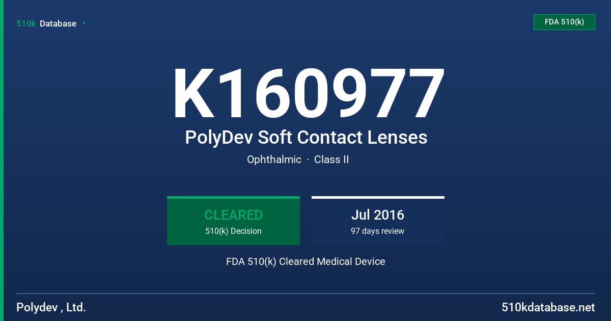 K160977 PolyDev Soft Contact Lenses FDA 510(k) Cleared Medical Device