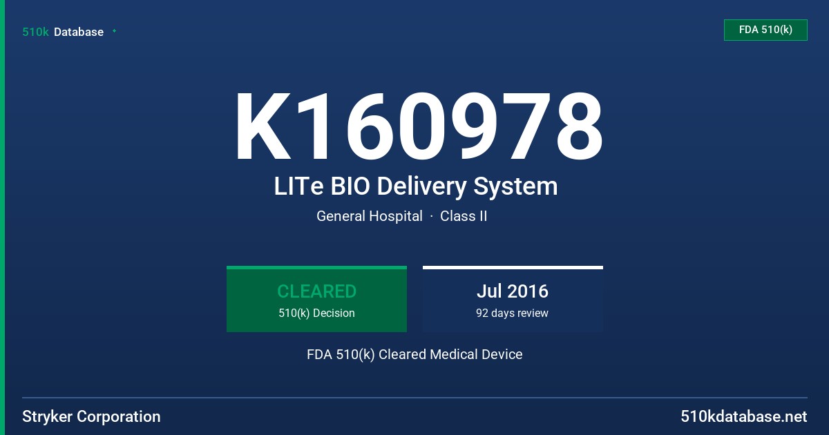 K160978 LITe BIO Delivery System FDA 510(k) Cleared Medical Device