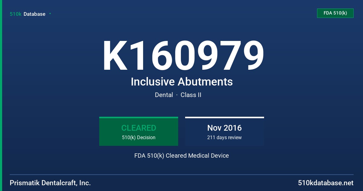K160979 Inclusive Abutments FDA 510(k) Cleared Medical Device