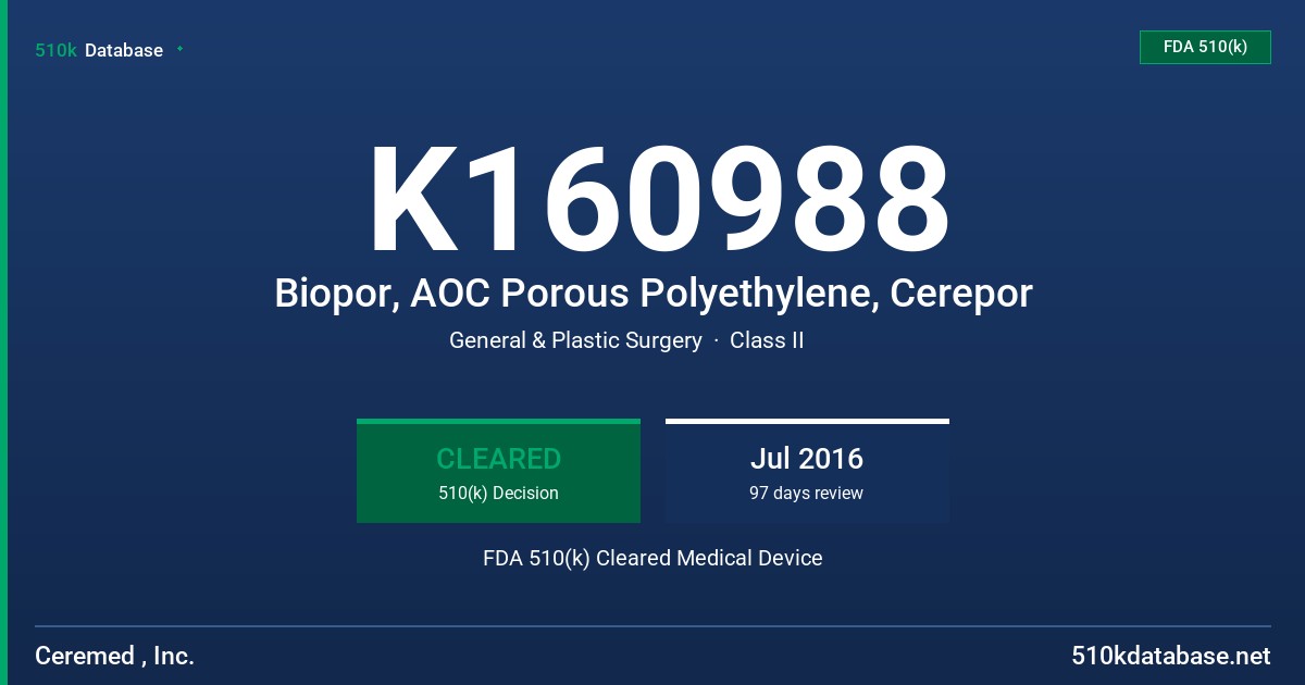 K160988 Biopor, AOC Porous Polyethylene, Cerepor FDA 510(k) Cleared Medical Device