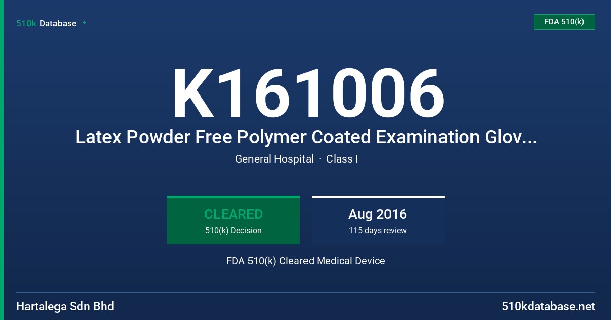 K161006 Latex Powder Free Polymer Coated Examination Glove with Protein Labeling Claim of 50 Microgram or Less Per Gram of Glove FDA 510(k) Cleared Medical Device