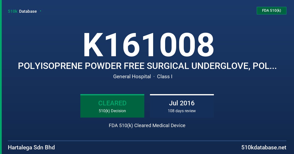 K161008 POLYISOPRENE POWDER FREE SURGICAL UNDERGLOVE, POLYISOPRENE POWDER FREE SURGICAL GLOVE FDA 510(k) Cleared Medical Device