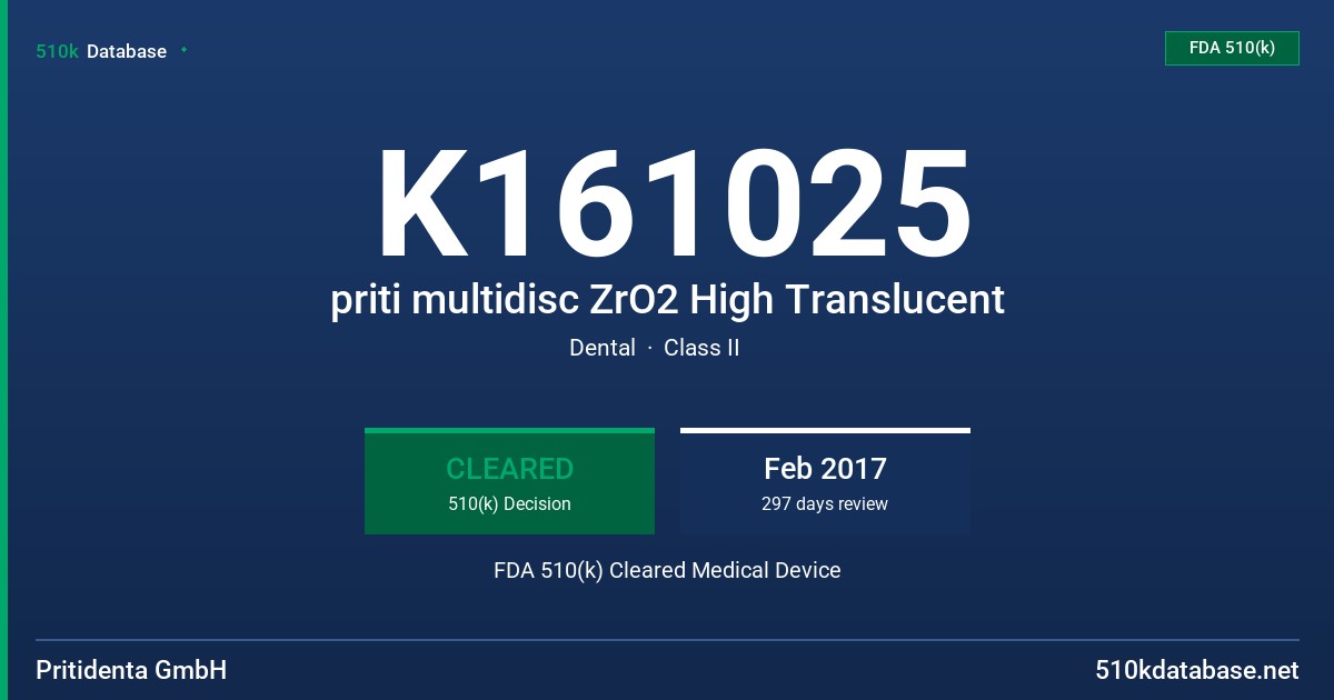 K161025 priti multidisc ZrO2 High Translucent FDA 510(k) Cleared Medical Device