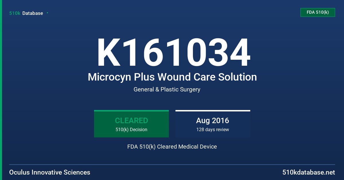 K161034 Microcyn Plus Wound Care Solution FDA 510(k) Cleared Medical Device