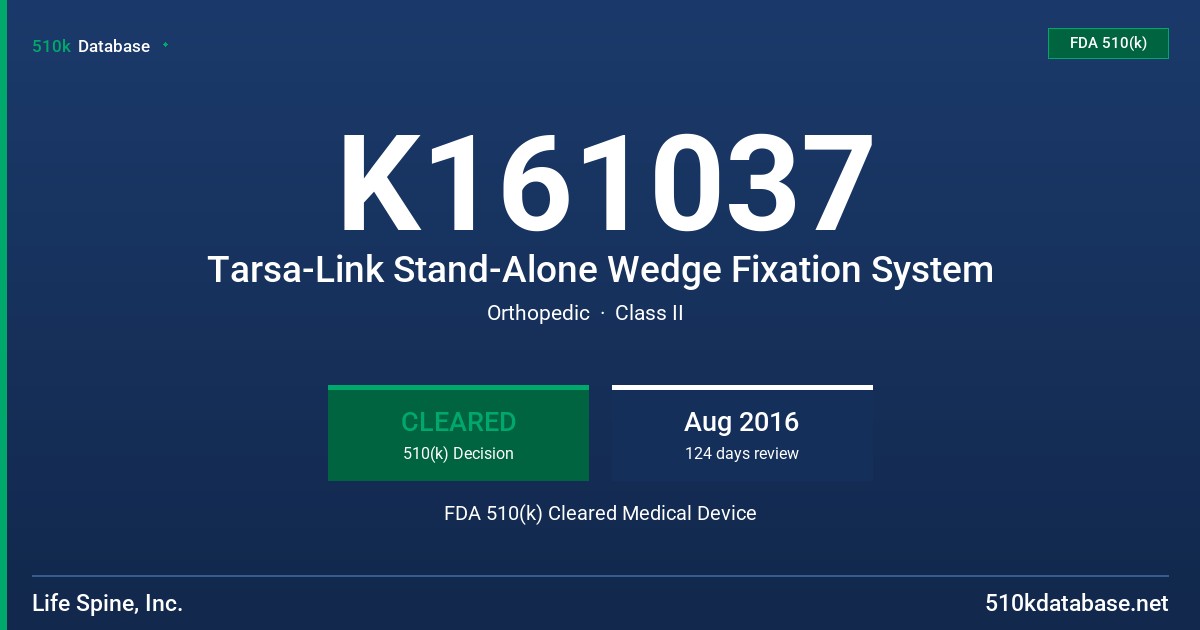 K161037 Tarsa-Link Stand-Alone Wedge Fixation System FDA 510(k) Cleared Medical Device