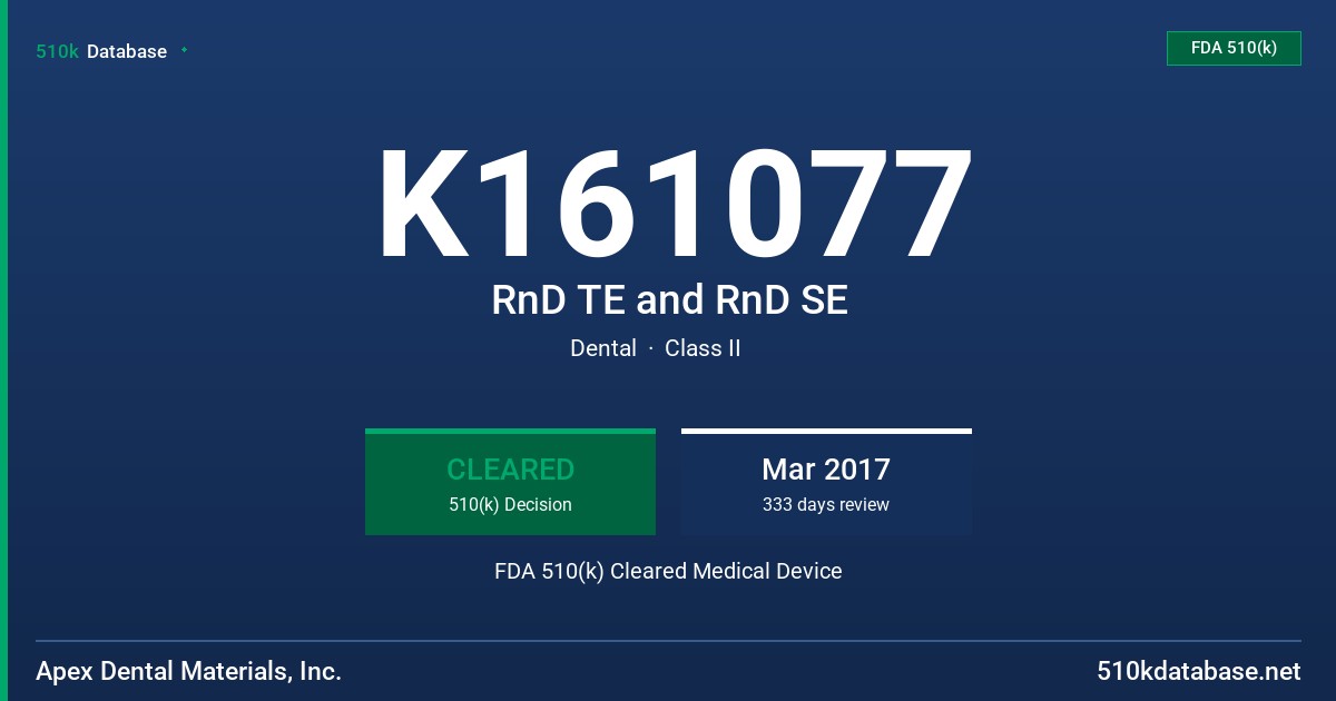 K161077 RnD TE and RnD SE FDA 510(k) Cleared Medical Device