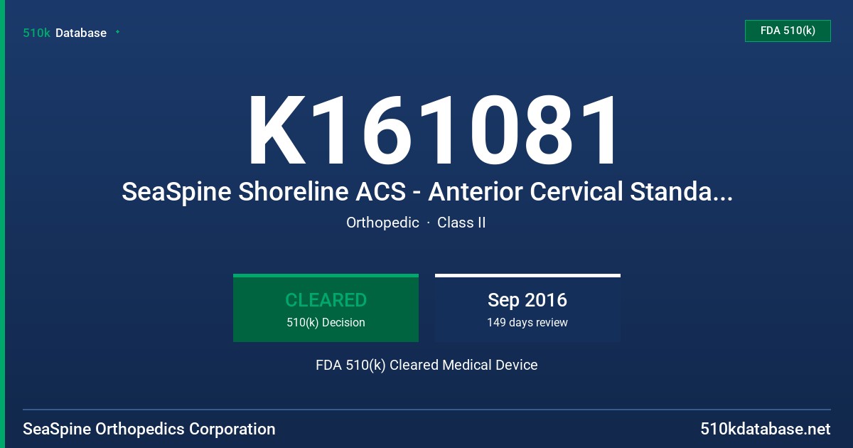 K161081 SeaSpine Shoreline ACS - Anterior Cervical Standalone System FDA 510(k) Cleared Medical Device
