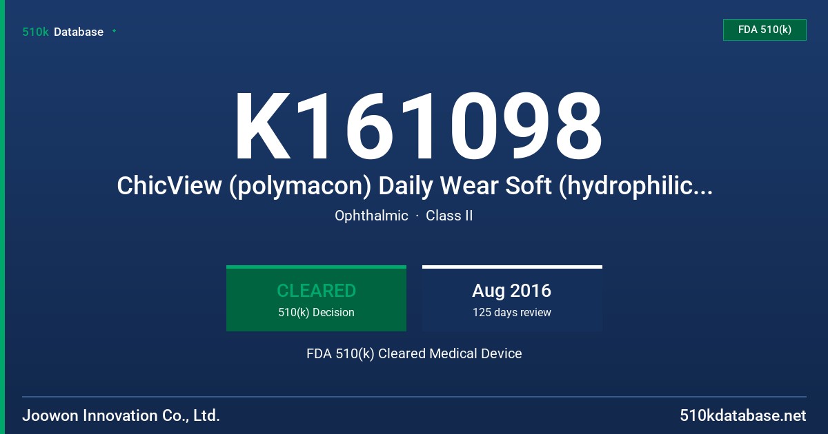 K161098 ChicView (polymacon) Daily Wear Soft (hydrophilic) Contact Lenses (Tinted/Color) FDA 510(k) Cleared Medical Device