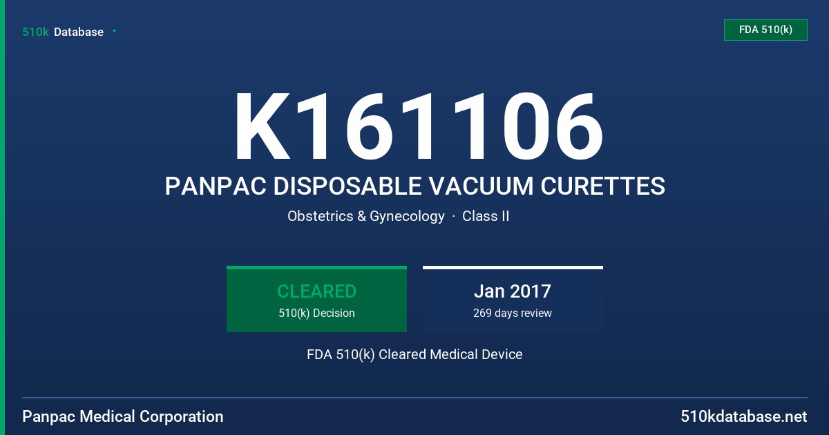 K161106 PANPAC DISPOSABLE VACUUM CURETTES FDA 510(k) Cleared Medical Device