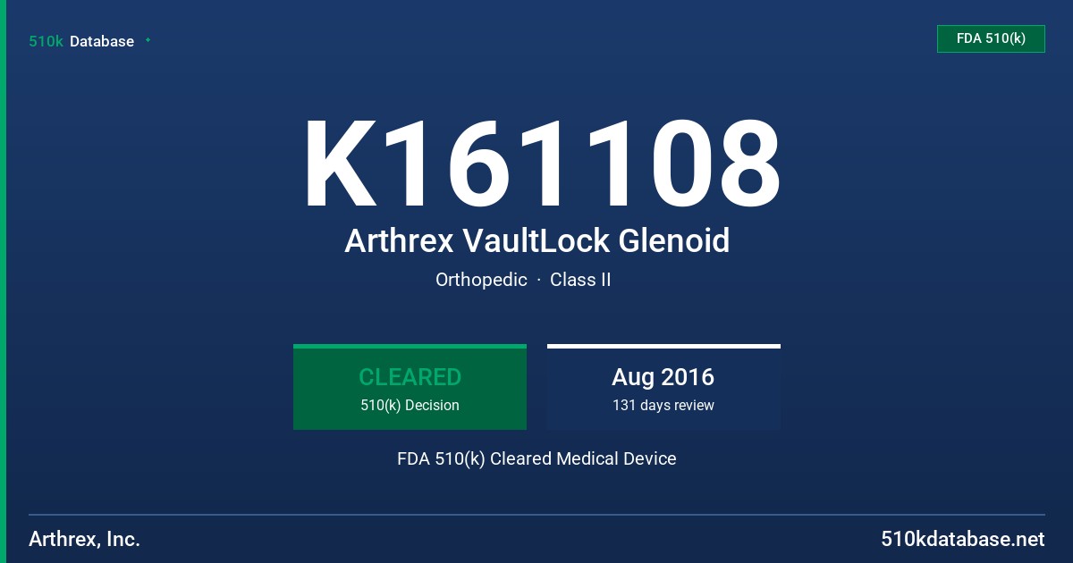 K161108 Arthrex VaultLock Glenoid FDA 510(k) Cleared Medical Device