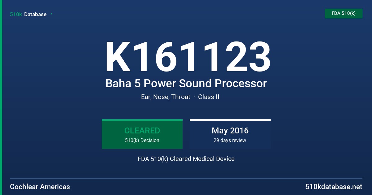 K161123 Baha 5 Power Sound Processor FDA 510(k) Cleared Medical Device
