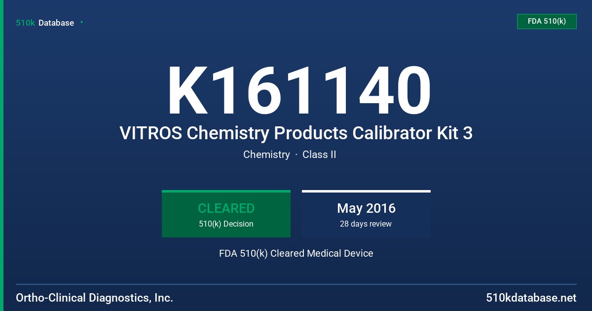 K161140 VITROS Chemistry Products Calibrator Kit 3 FDA 510(k) Cleared Medical Device