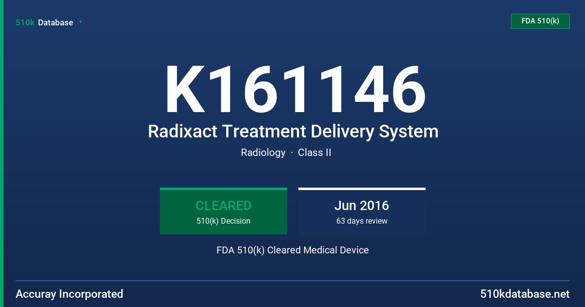 K161146 Radixact Treatment Delivery System FDA 510(k) Cleared Medical Device