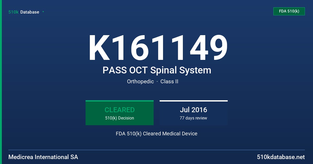K161149 PASS OCT Spinal System FDA 510(k) Cleared Medical Device