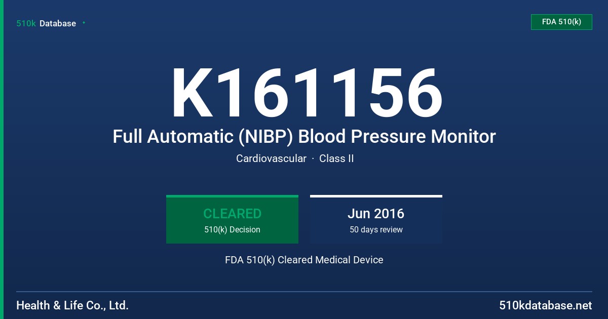 K161156 Full Automatic (NIBP) Blood Pressure Monitor FDA 510(k) Cleared Medical Device