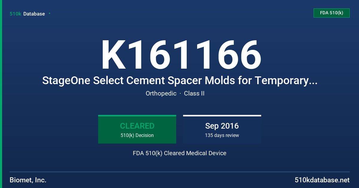 K161166 StageOne Select Cement Spacer Molds for Temporary Hip Replacement FDA 510(k) Cleared Medical Device