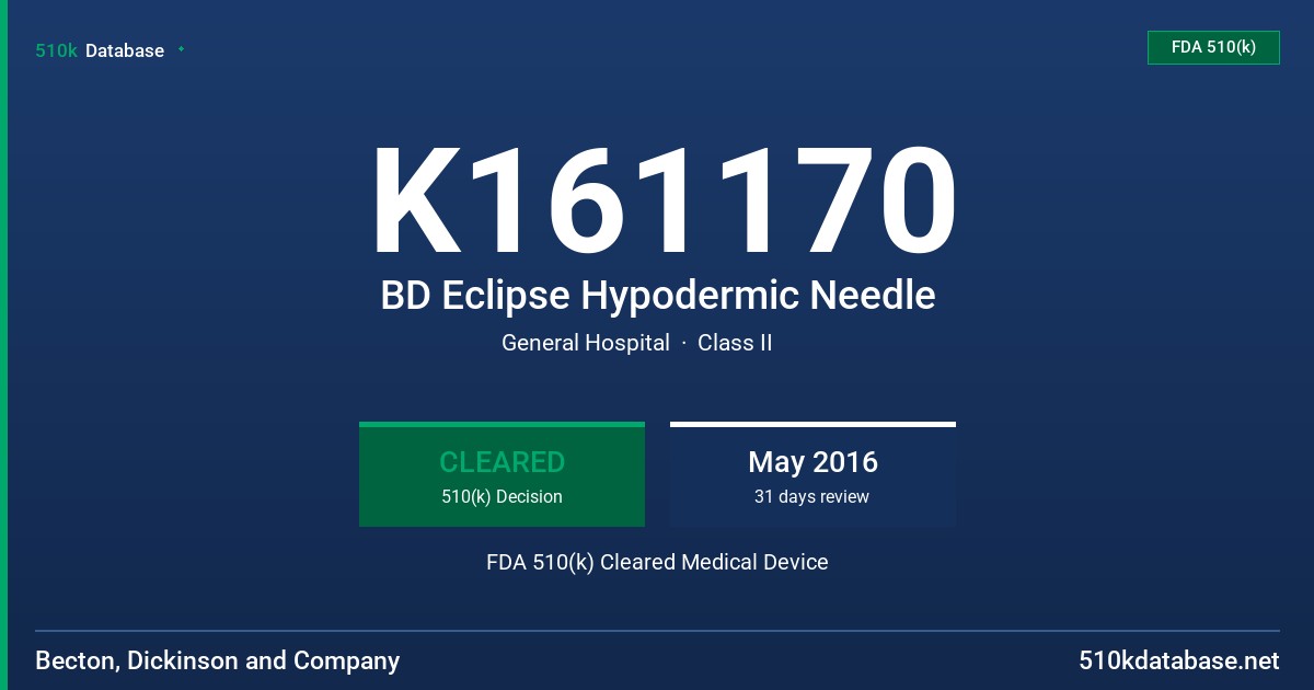 K161170 BD Eclipse Hypodermic Needle FDA 510(k) Cleared Medical Device
