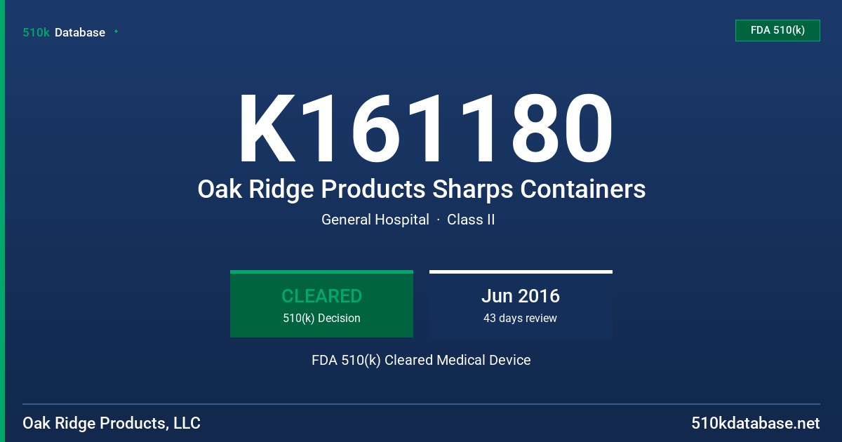 K161180 Oak Ridge Products Sharps Containers FDA 510(k) Cleared Medical Device