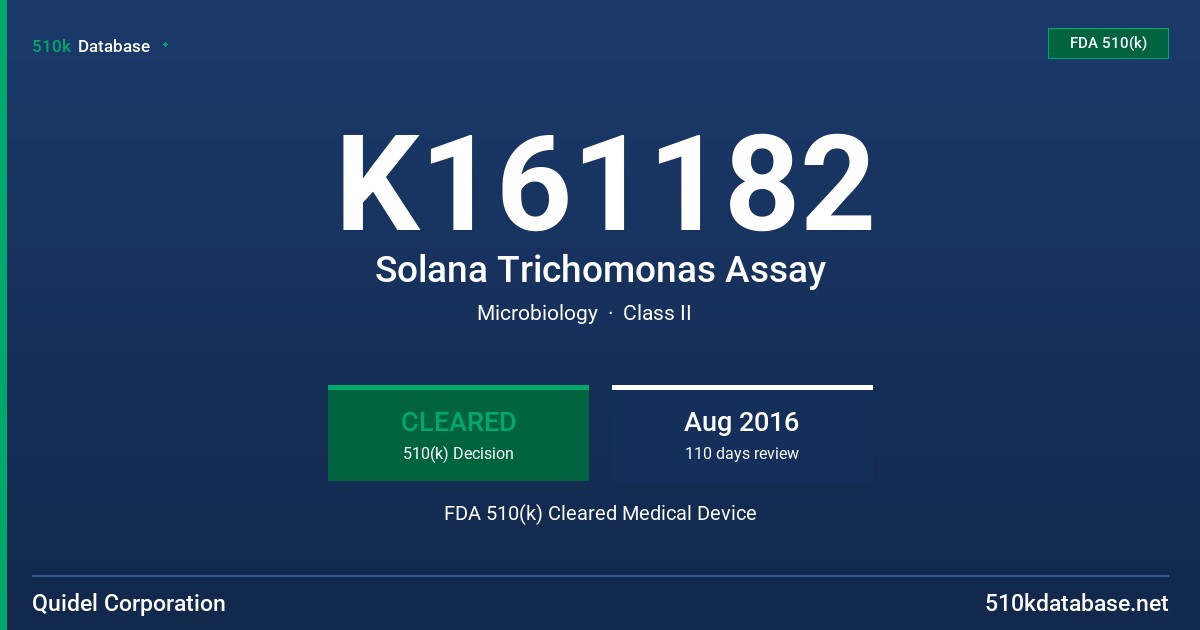 K161182 Solana Trichomonas Assay FDA 510(k) Cleared Medical Device