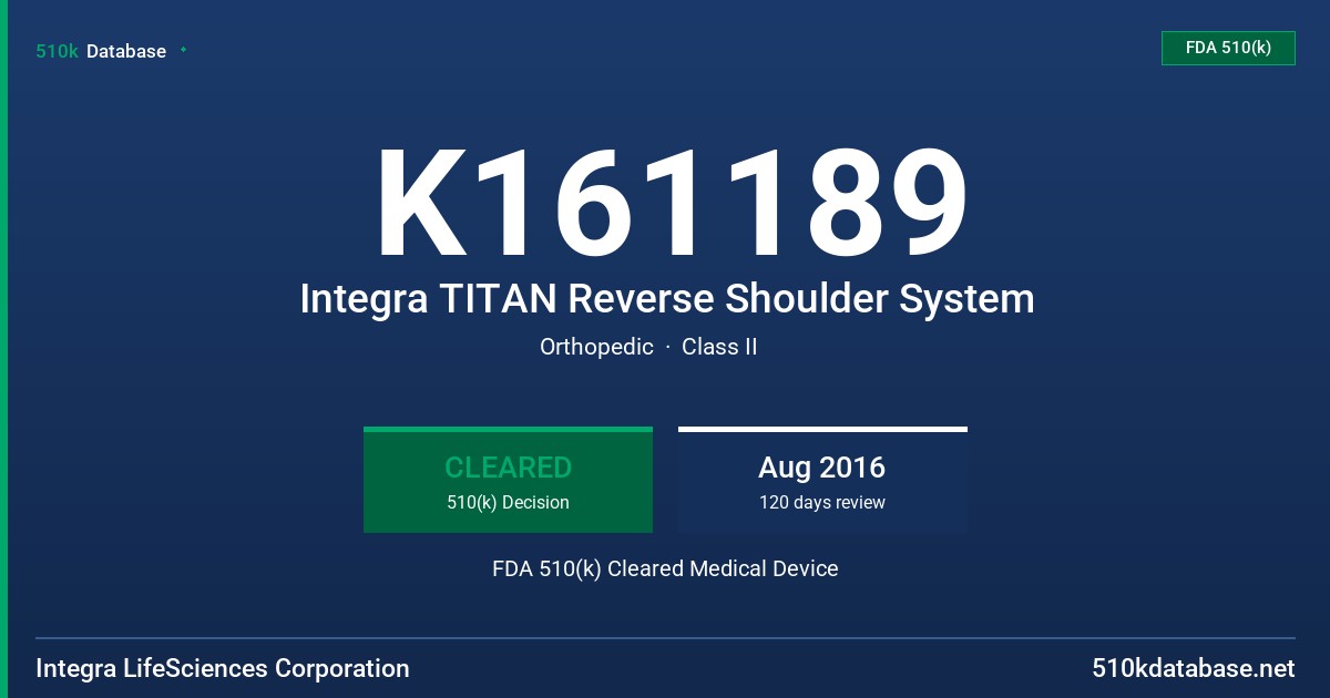 K161189 Integra TITAN Reverse Shoulder System FDA 510(k) Cleared Medical Device