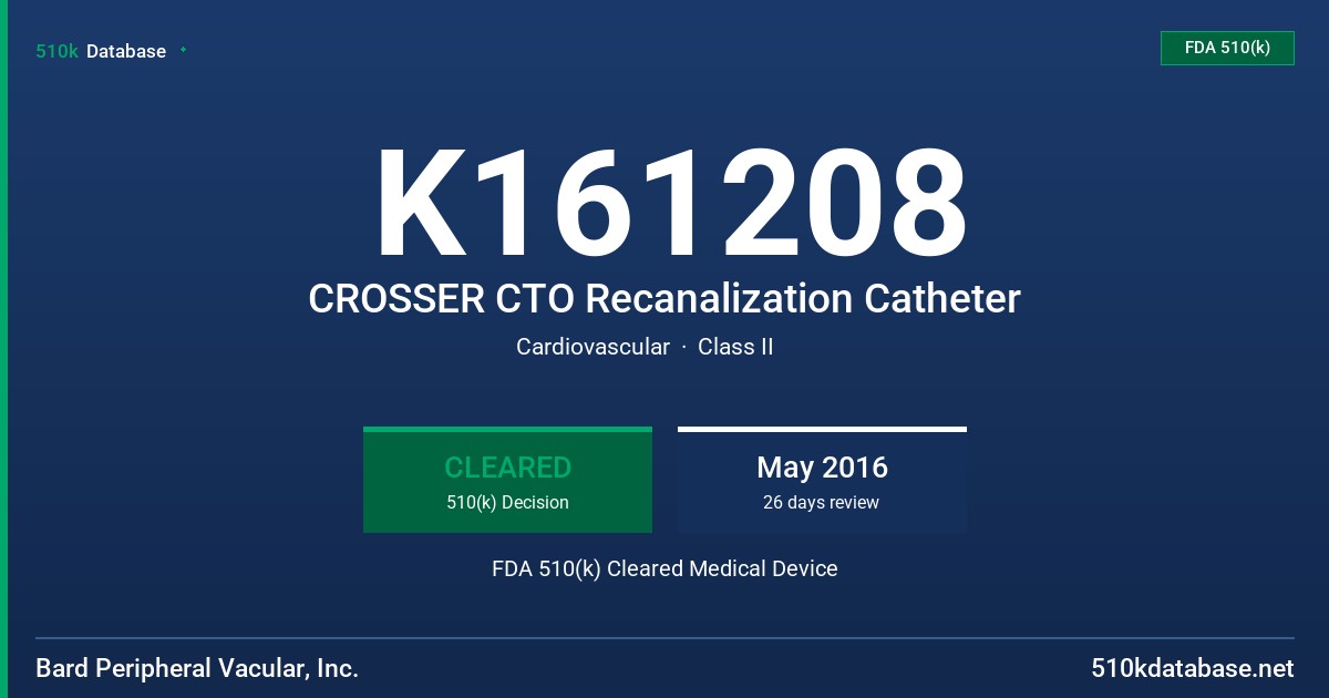 K161208 CROSSER CTO Recanalization Catheter FDA 510(k) Cleared Medical Device