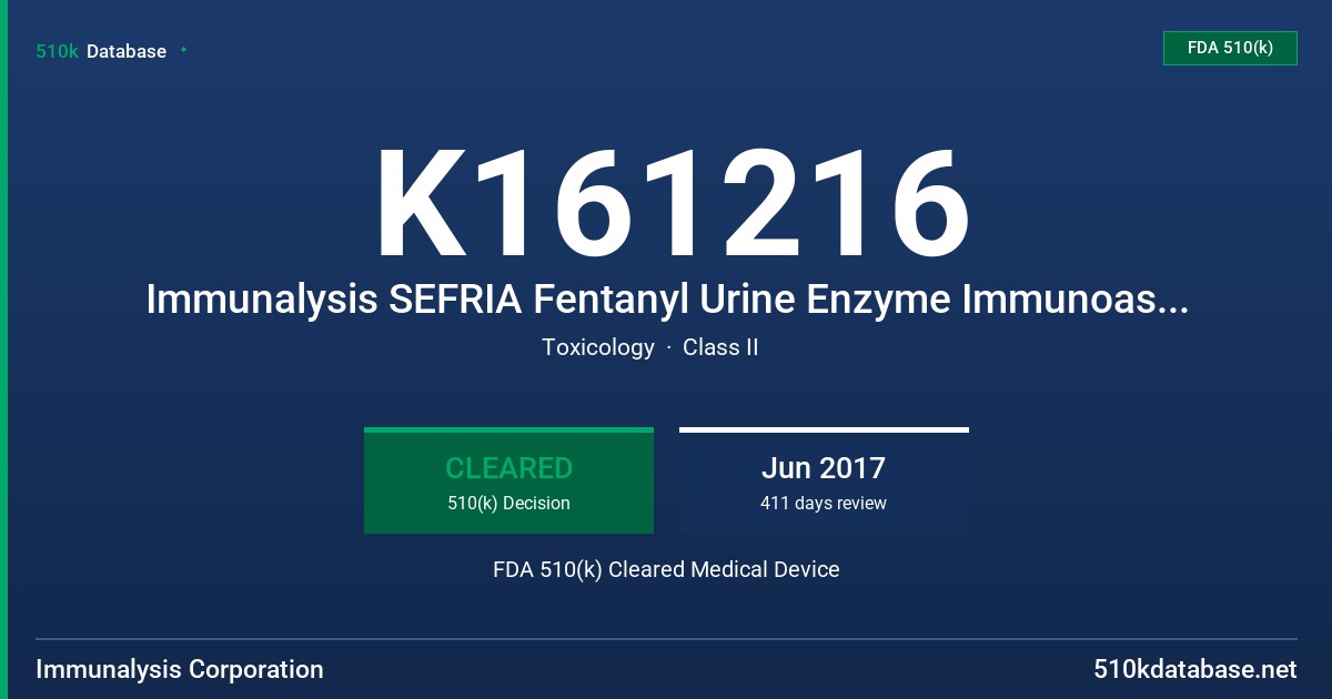 K161216 Immunalysis SEFRIA Fentanyl Urine Enzyme Immunoassay, Immunalysis Fentanyl Urine Calibrators FDA 510(k) Cleared Medical Device