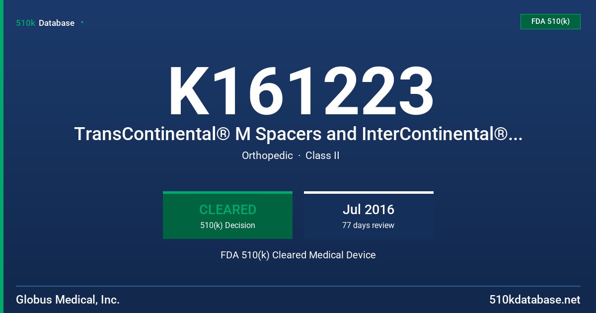 K161223 TransContinental® M Spacers and InterContinental® Plate-Spacers FDA 510(k) Cleared Medical Device