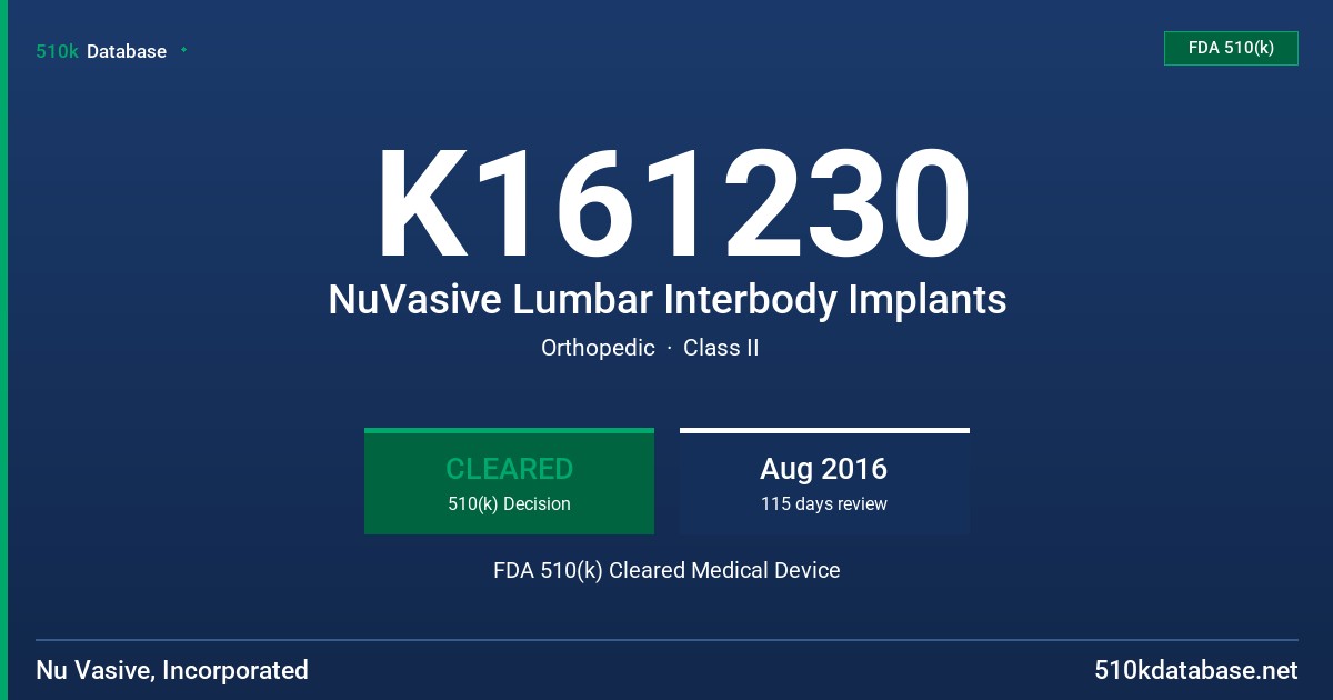 K161230 NuVasive Lumbar Interbody Implants FDA 510(k) Cleared Medical Device