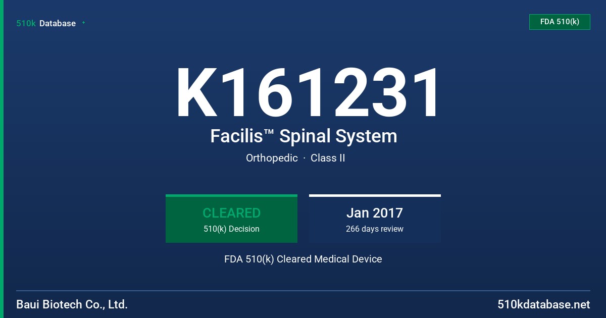K161231 Facilis™ Spinal System FDA 510(k) Cleared Medical Device