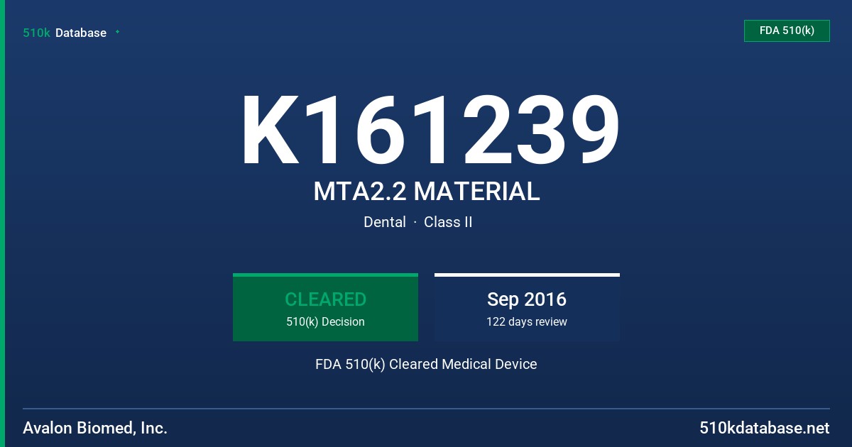 K161239 MTA2.2 MATERIAL FDA 510(k) Cleared Medical Device
