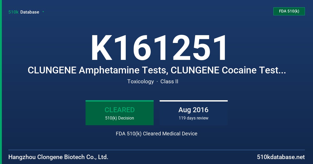 K161251 CLUNGENE Amphetamine Tests, CLUNGENE Cocaine Tests, CLUNGENE Oxazepam Tests FDA 510(k) Cleared Medical Device
