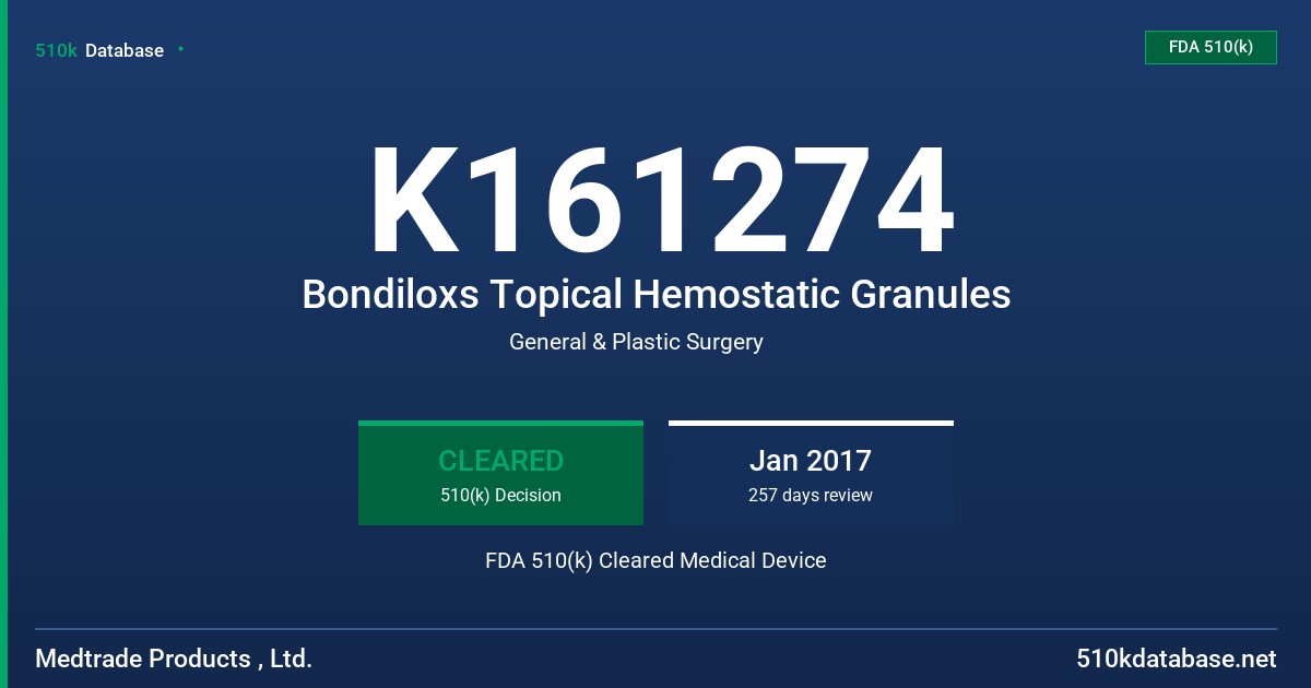 K161274 Bondiloxs Topical Hemostatic Granules FDA 510(k) Cleared Medical Device