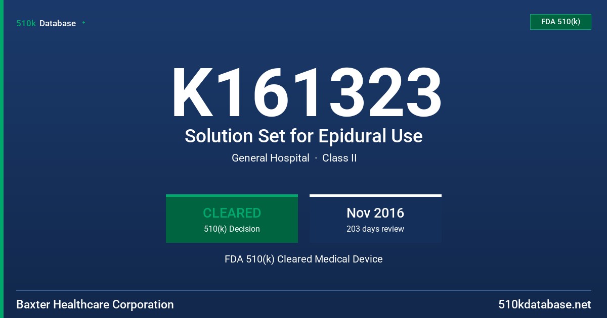 K161323 Solution Set for Epidural Use FDA 510(k) Cleared Medical Device