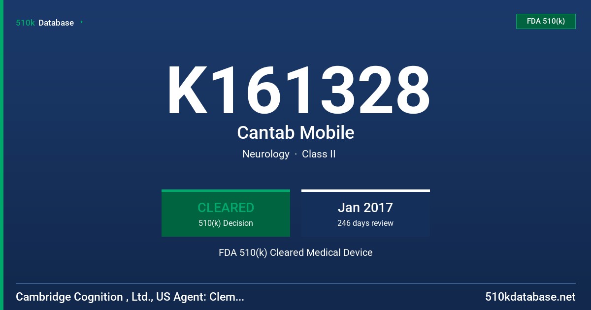 K161328 Cantab Mobile FDA 510(k) Cleared Medical Device