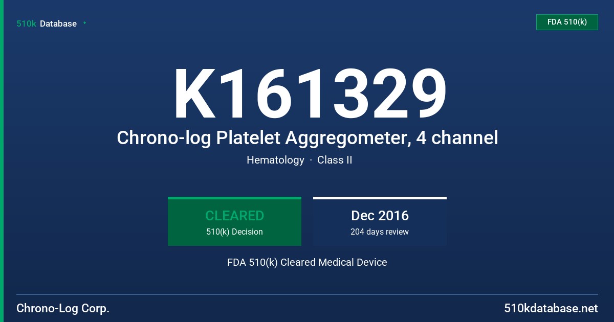 K161329 Chrono-log Platelet Aggregometer, 4 channel FDA 510(k) Cleared Medical Device