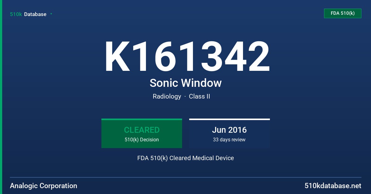 K161342 Sonic Window FDA 510(k) Cleared Medical Device