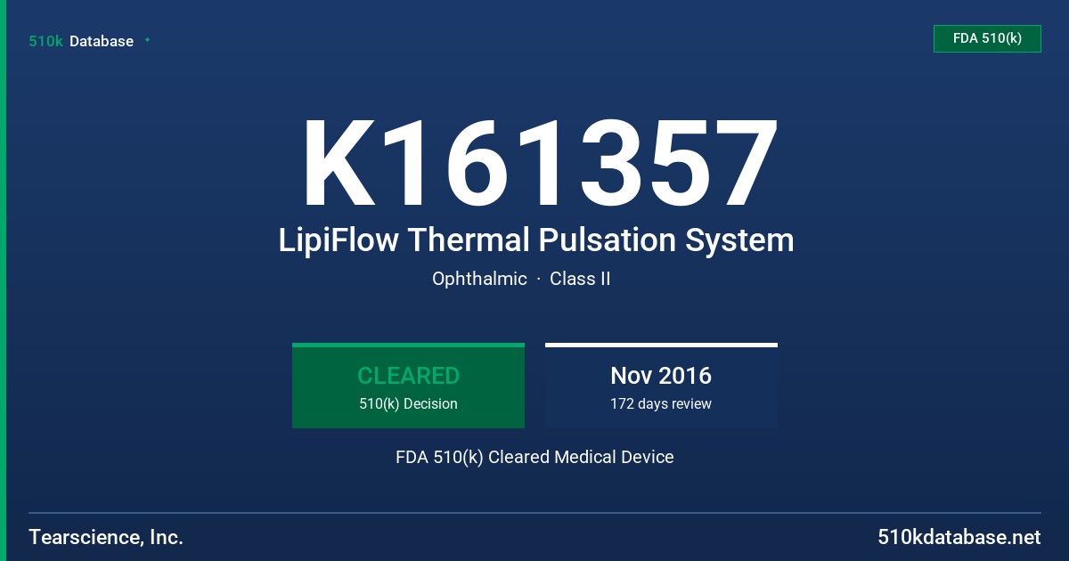 K161357 LipiFlow Thermal Pulsation System FDA 510(k) Cleared Medical Device