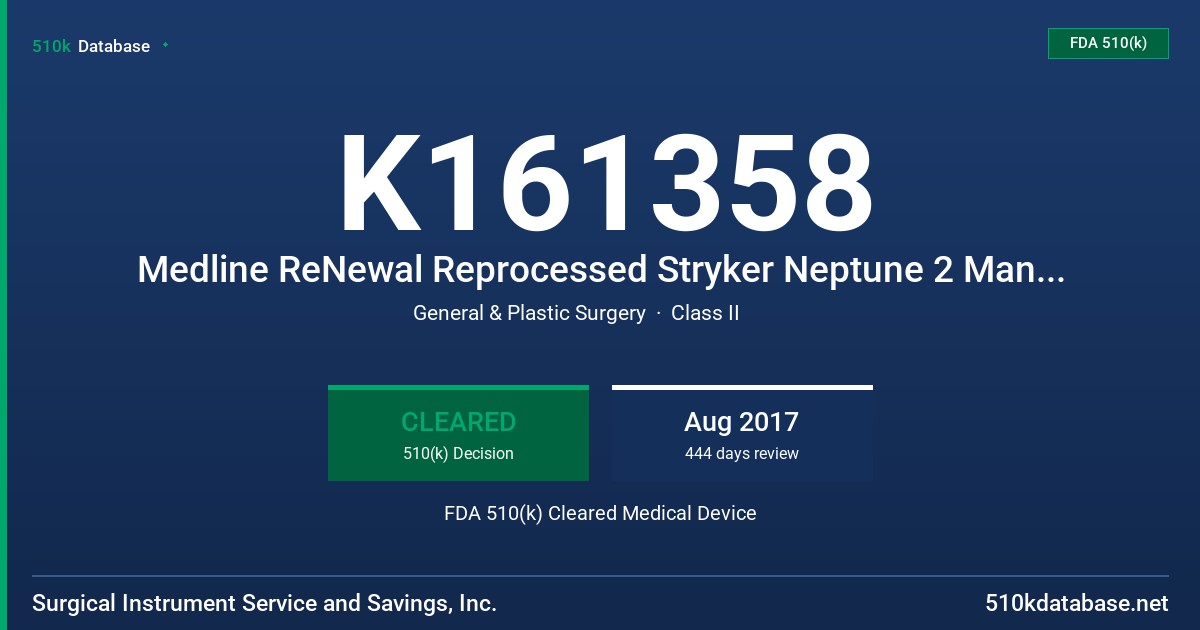 K161358 Medline ReNewal Reprocessed Stryker Neptune 2 Manifolds FDA 510(k) Cleared Medical Device