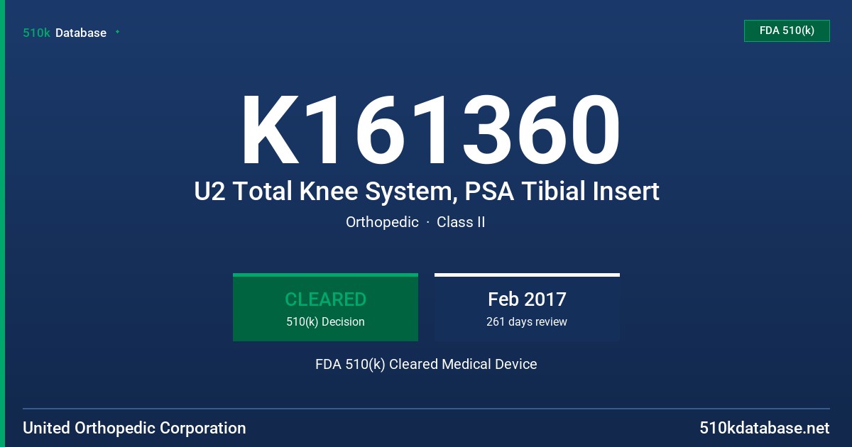 K161360 U2 Total Knee System, PSA Tibial Insert FDA 510(k) Cleared Medical Device