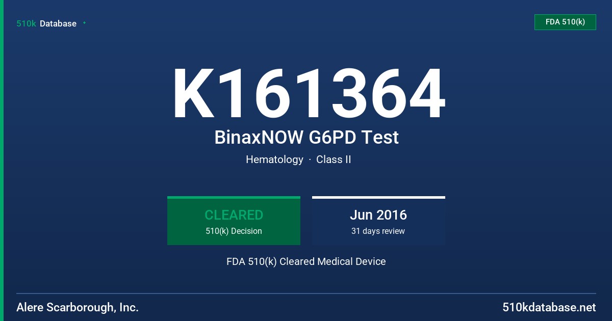 K161364 BinaxNOW G6PD Test FDA 510(k) Cleared Medical Device
