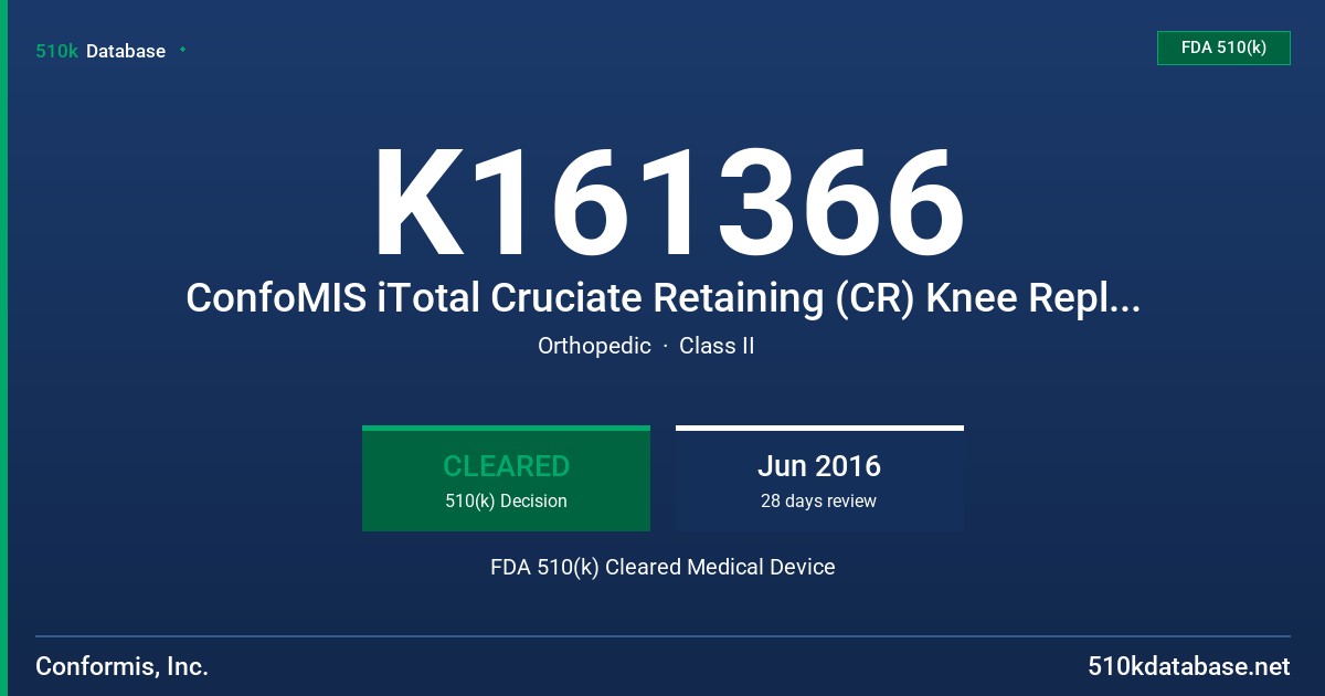 K161366 ConfoMIS iTotal Cruciate Retaining (CR) Knee Replacement System (iTotal CR KRS) FDA 510(k) Cleared Medical Device
