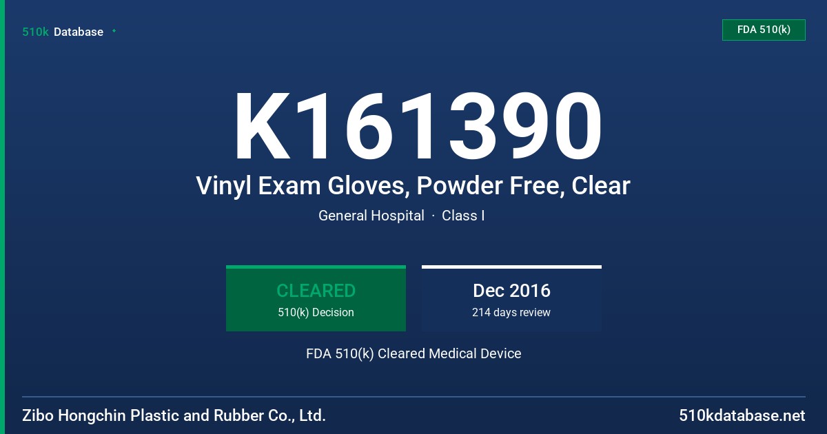K161390 Vinyl Exam Gloves, Powder Free, Clear FDA 510(k) Cleared Medical Device