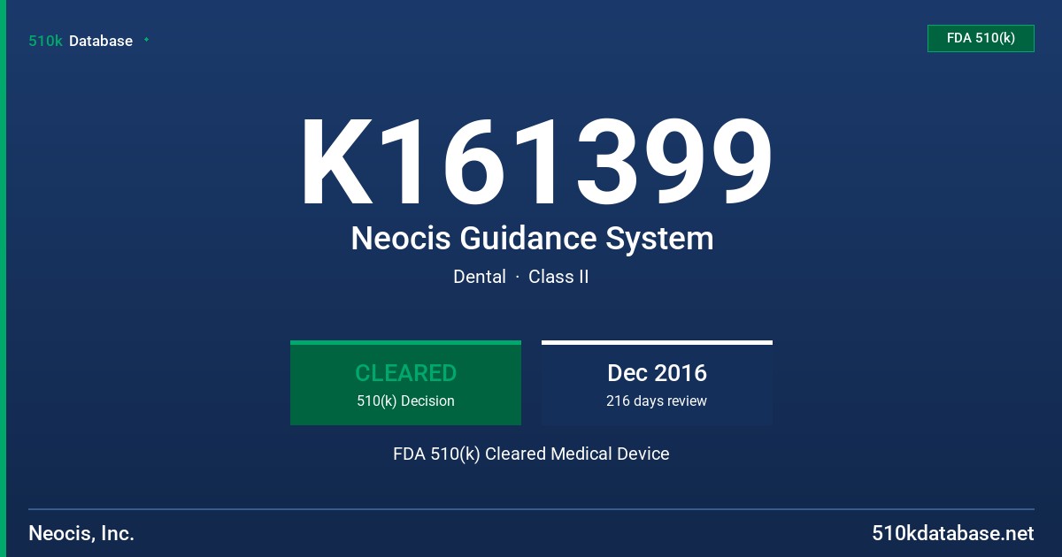K161399 Neocis Guidance System FDA 510(k) Cleared Medical Device