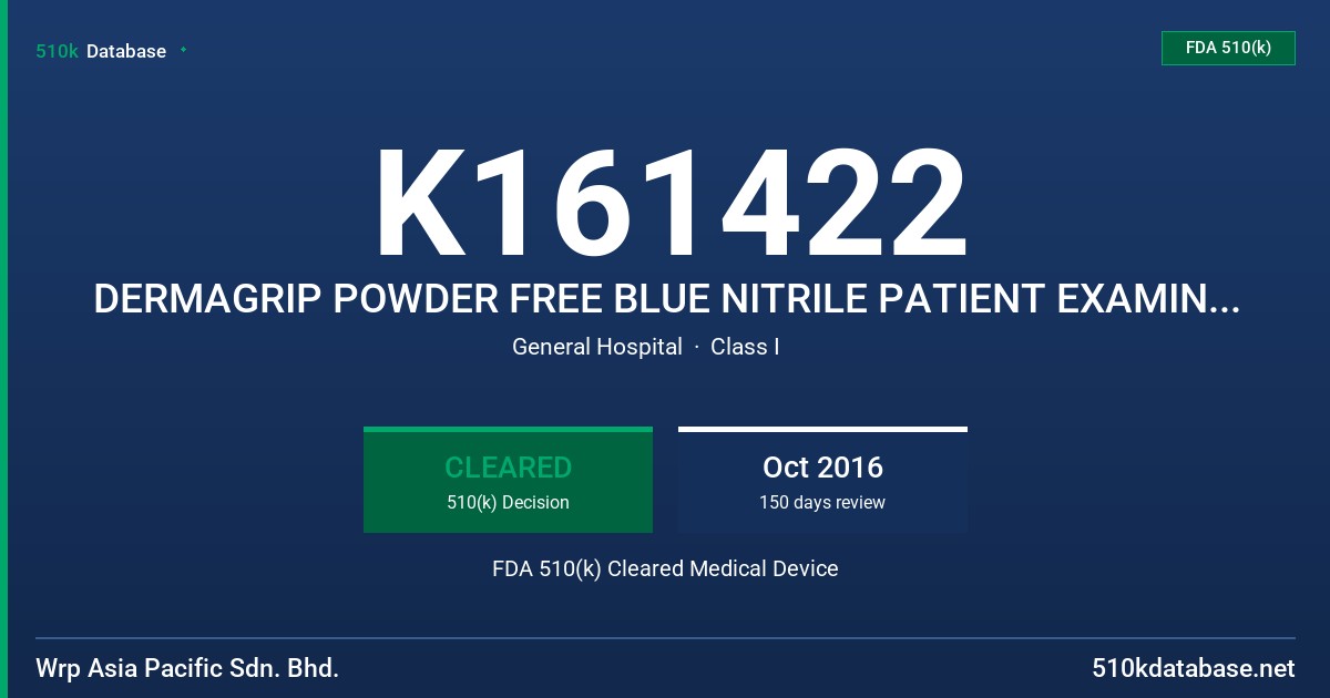 K161422 DERMAGRIP POWDER FREE BLUE NITRILE PATIENT EXAMINATION GLOVES, NON-STERILE, TESTED FOR USE WITH CHEMOTHERAPY DRUGS FDA 510(k) Cleared Medical Device
