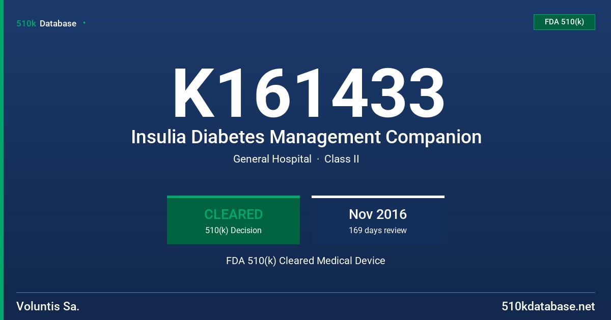 K161433 Insulia Diabetes Management Companion FDA 510(k) Cleared Medical Device