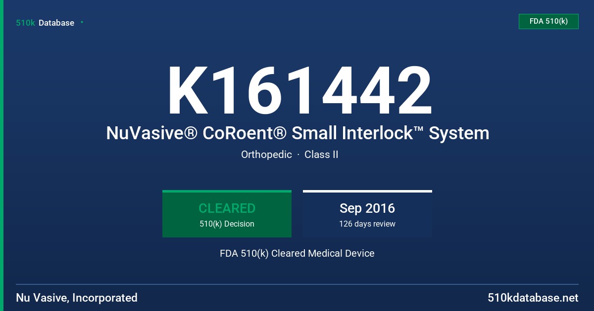 K161442 NuVasive® CoRoent® Small Interlock™ System FDA 510(k) Cleared Medical Device
