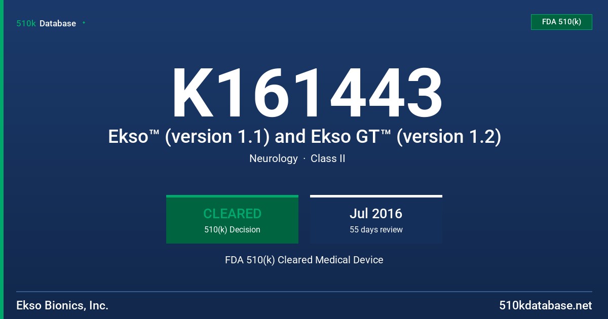 K161443 Ekso™ (version 1.1) and Ekso GT™ (version 1.2) FDA 510(k) Cleared Medical Device